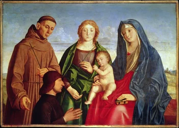 Die Jungfrau und das Kind mit St. Franziskus, einer weiblichen Heiligen und einem Stifter